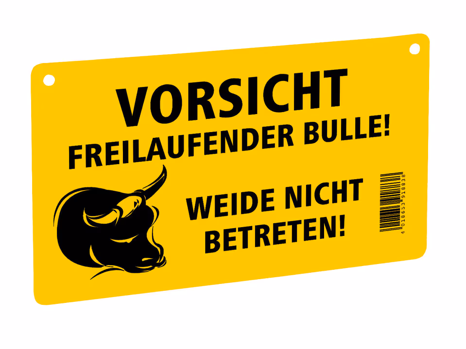 Warning sign, one-sided depiction of a free-roaming bull