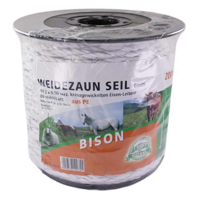 Bison Weidezaunseil 6mm 200m Weiß – Elektroseil mit 350kg Bruchlast & 2,1 Ohm