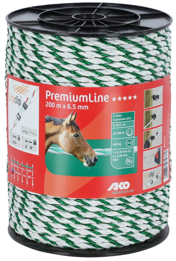 AKO PremiumLine Weidezaunseil 200 m weiß/grün – Hochleitfähiges Elektrozaunseil