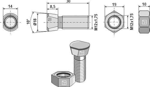 ET10761 Scharschraube - 12.9  M12 x 1,75 x 30 mit Sechskantmutter (alt)