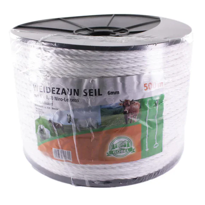 Classic Weidezaunseil 6mm 500m Weiß – Elektroseil mit 400kg Bruchlast & NiRo Leitern