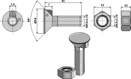 Plough screw DIN604 M12x1.75x45 with hexagon nut