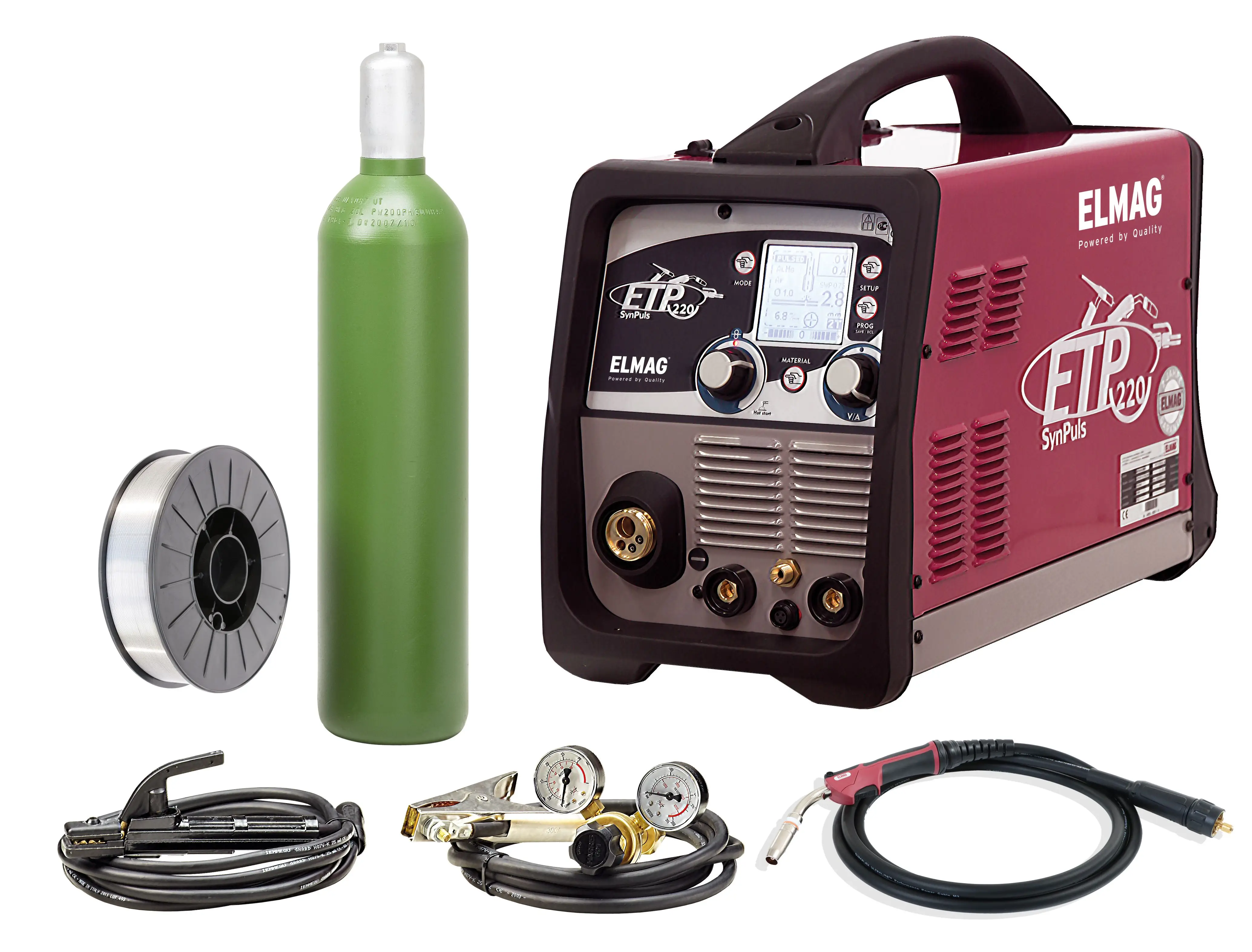 Elmag multi-function welding inverter for MIG/MAG, TIG DC and MMA with 19 synergy programs, complete aluminum set