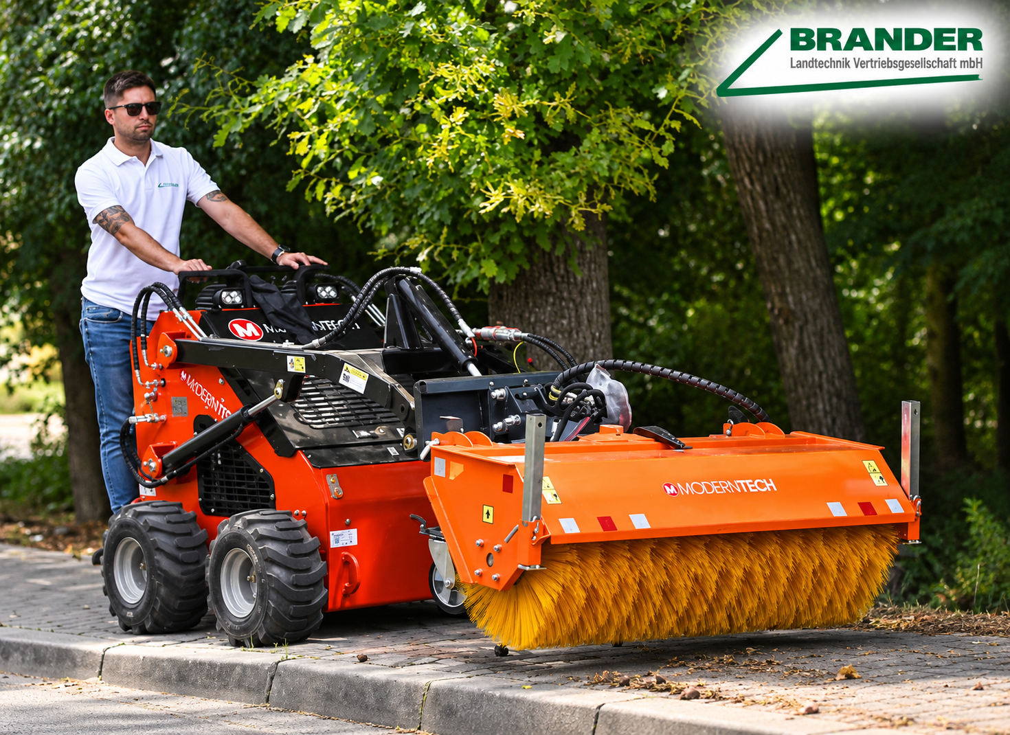 minitractor, street sweeper, orange machine, brush head, engineering vehicle