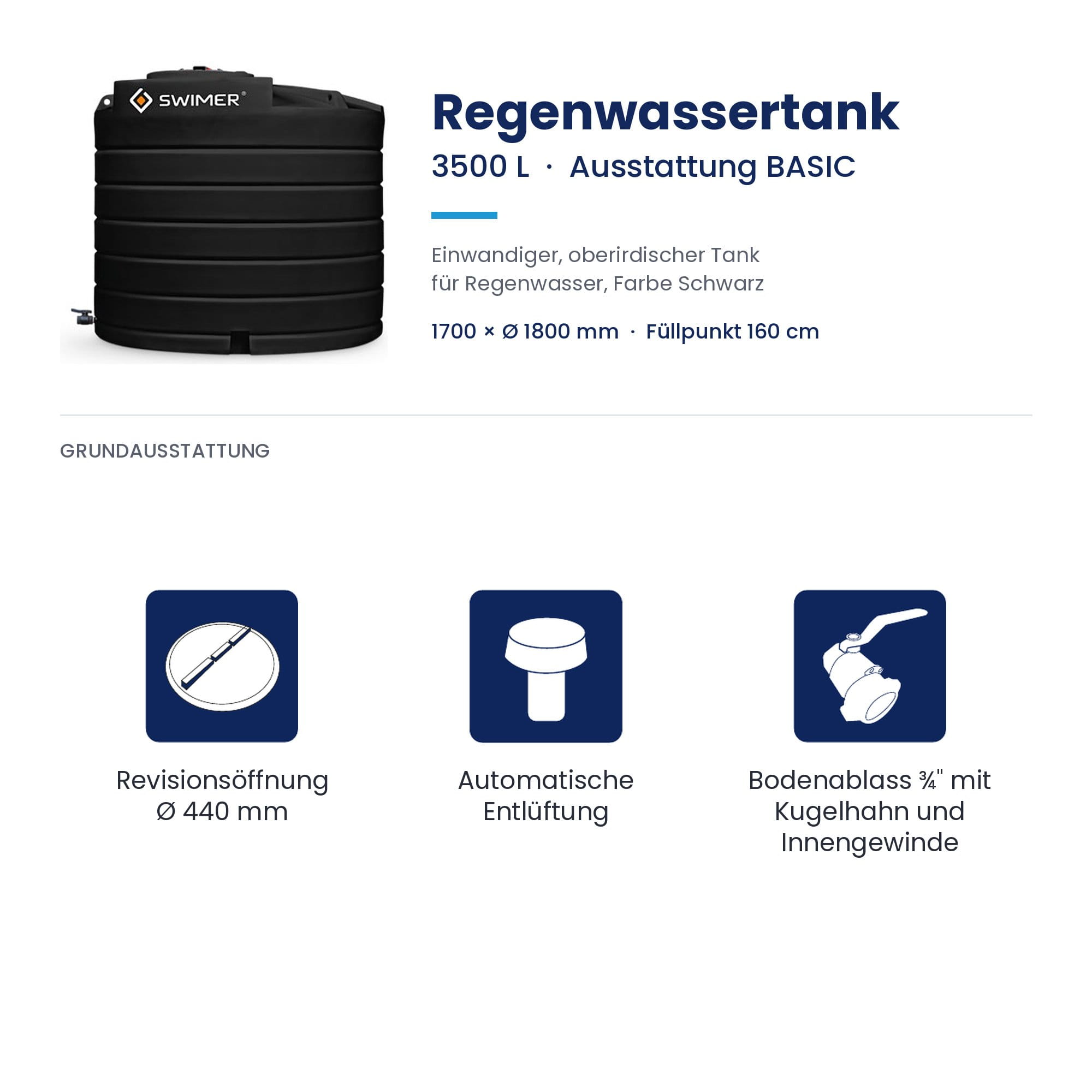 Regenwassertank, 3500 L, Schwarz, Einwandiger Tank, Füllpunkt 160 cm