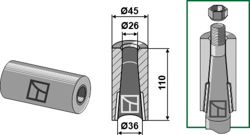 Douille à souder 110 mm - pour dents avec dispositif anti-rotation, Ø 45 mm