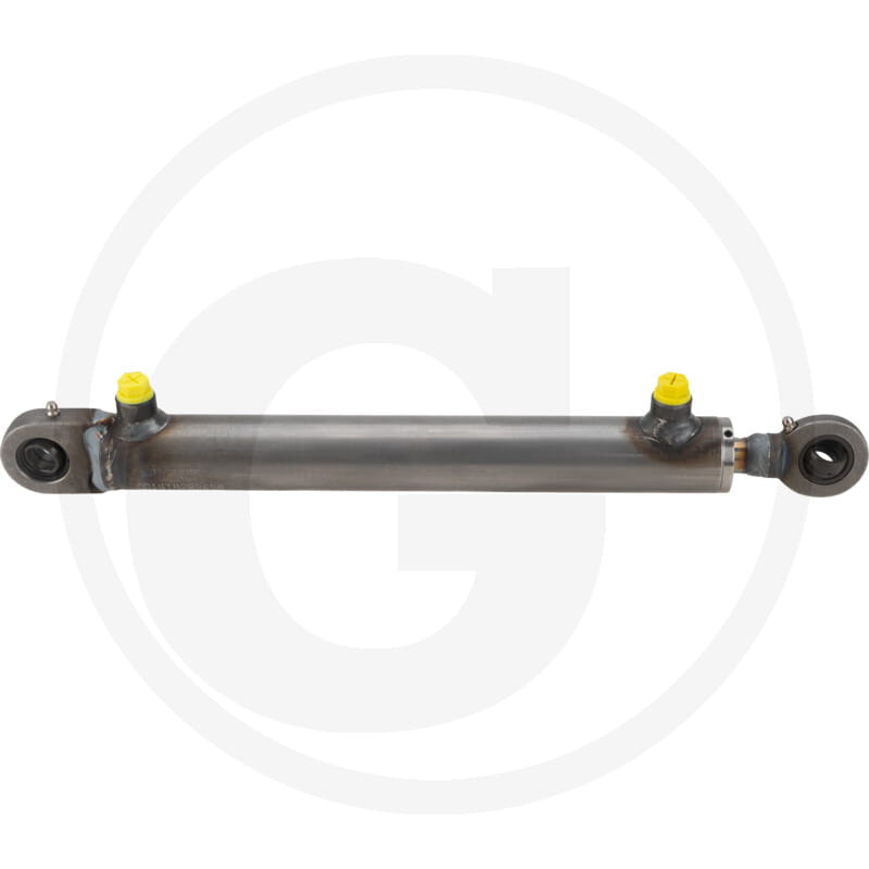Hydraulikzylinder, Metallgehäuse, Zwei Anschlussaugen, Gelbe Schutzkappen