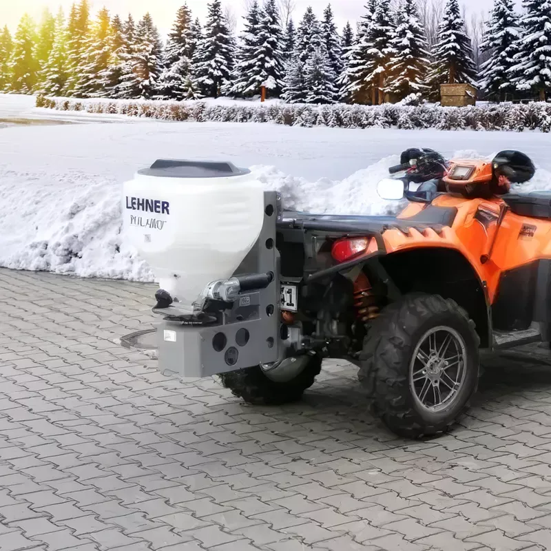 Streusalzstreuer, Anbaugerät für ATV, Kunststoffbehälter, Winterdienst, weißer Streuer