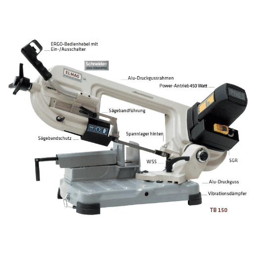 Elmag Metall Bandsägemaschine - stufenloser Schnittgeschwindigkeit (30–63 m/min), 450 W Motor und 150 mm Schnittbereich