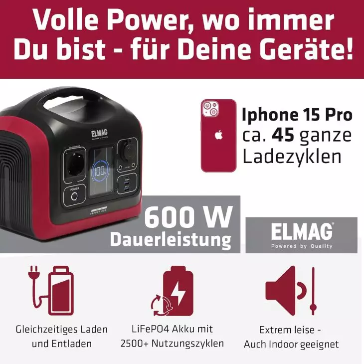 ELMAG Portable Power Station 600W – LiFePO4 Battery 595Wh, Pure Sine Wave, Mobile Power Supply