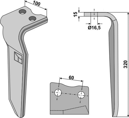 Rotary harrow tine 320mm left - suitable for Howard