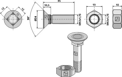 Plough screw M12x1.75x85 and hexagon nut