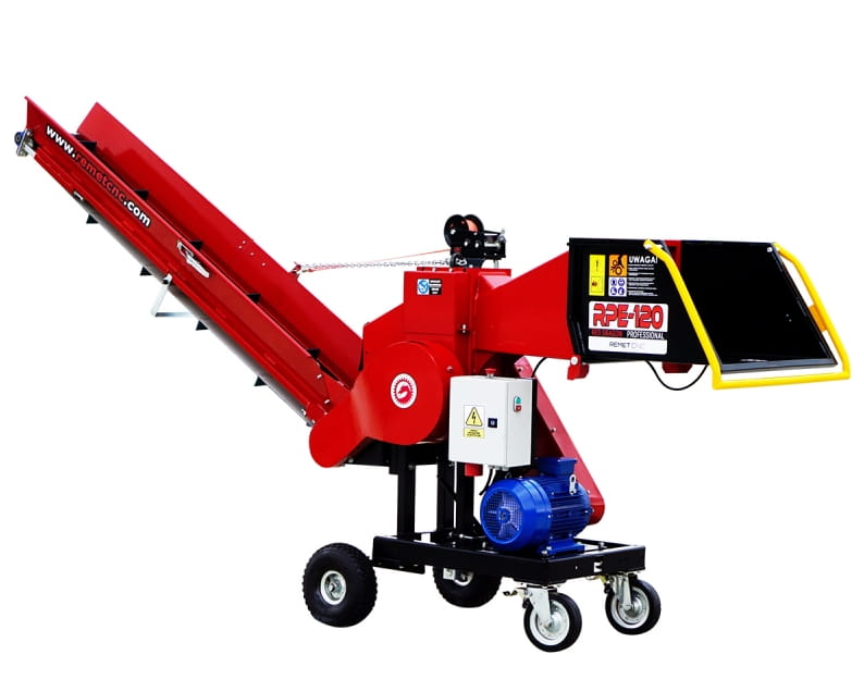 Remet CNC Electric Wood Chipper RPE-120 – 11 kW with 3m Conveyor Belt & Chassis