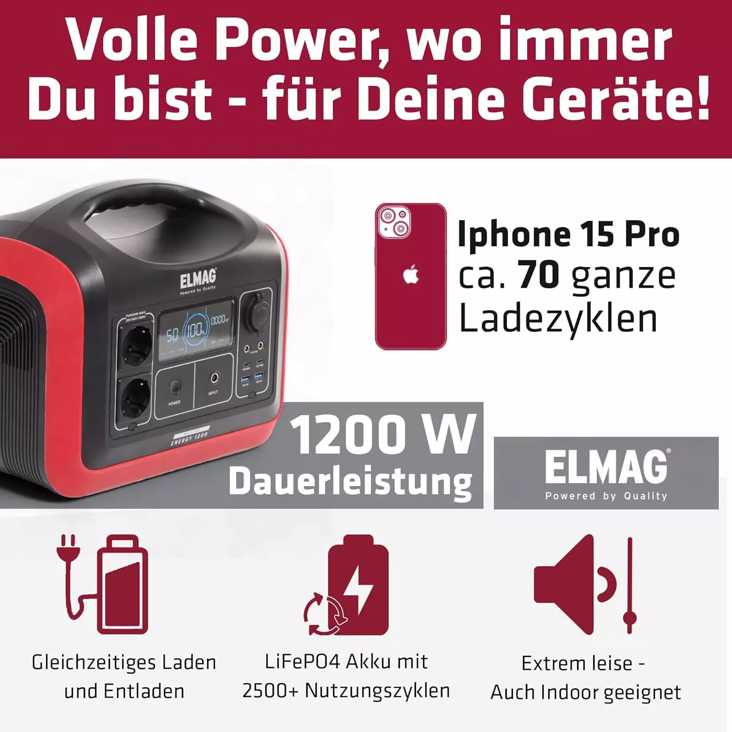 ELMAG Portable Power Station ENERGY 1200 – 1200 W continuous power, 992 Wh LiFePO4 battery, pure sine wave