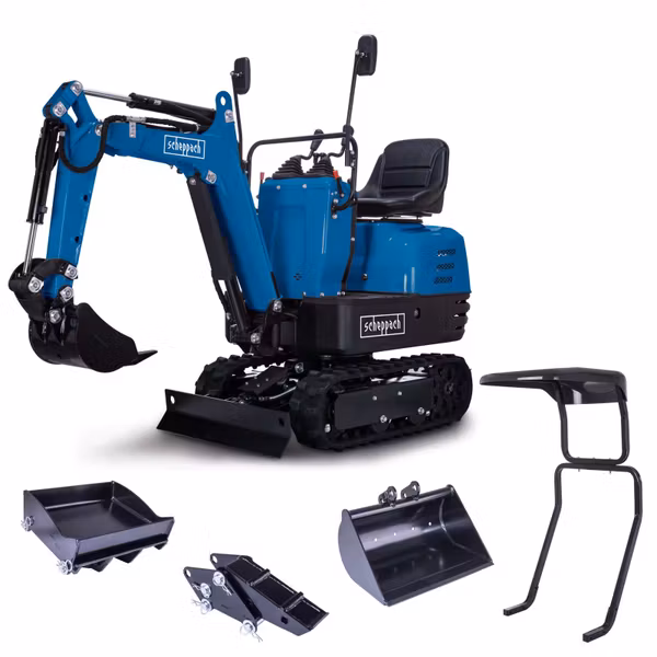 Scheppach MB850 Benzin-Mini-Bagger – 8,5 PS, 1200 mm Grabtiefe, 2330 mm Reichweite, 690 mm Spurbreite, inkl. Dach, 53-cm-Böschungslöffel, Baggerdaumen & Haltekralle