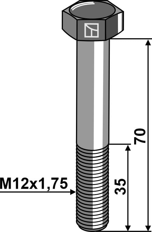 Hex bolt M12x1.75x70 without nut - Zinc plated