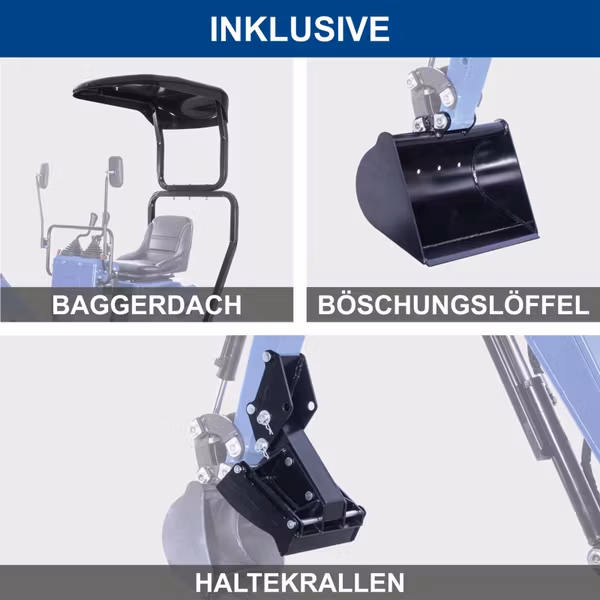 Scheppach MB850 Benzin-Mini-Bagger – 8,5 PS, 1200 mm Grabtiefe, 2330 mm Reichweite, 690 mm Spurbreite, inkl. Dach, 53-cm-Böschungslöffel, Baggerdaumen & Haltekralle