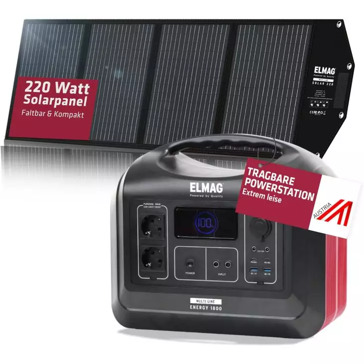 ELMAG Portable Power Station 1480Wh with 220Wp Solar Generator Set – LiFePO4 Battery, 230V Sine Wave, MPPT, Outdoor & Emergency Power