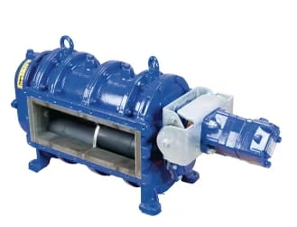 Industrie-Mixer, Rotations-Trommel, Blaue Gehäuse, Wellenkupplung, Metallrahmen