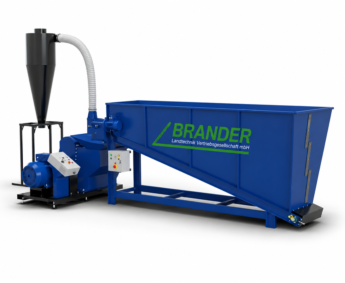 Hammermühlen Komplettsystem für Biomasse, Holz & Futtermittel – 1000 kg/h mit Zufuhrbehälter 5 m³
