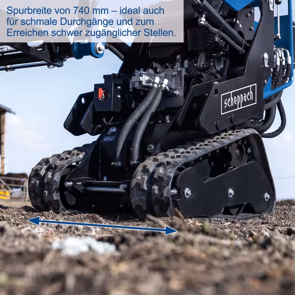 Scheppach MKL730 Raupen-Kompaktlader – 8,5 PS Benzinmotor, 200 kg Ladekapazität, E-Start, 740 mm Spurbreite, 80L-Ladeschaufel