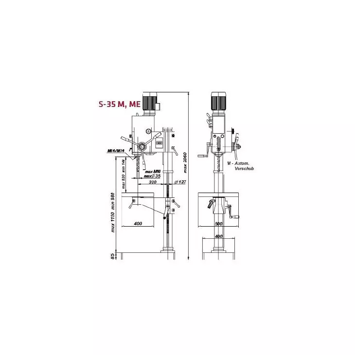 Strands gearbox pillar drill, 35mm drilling capacity, with automatic feed and quiet gearbox