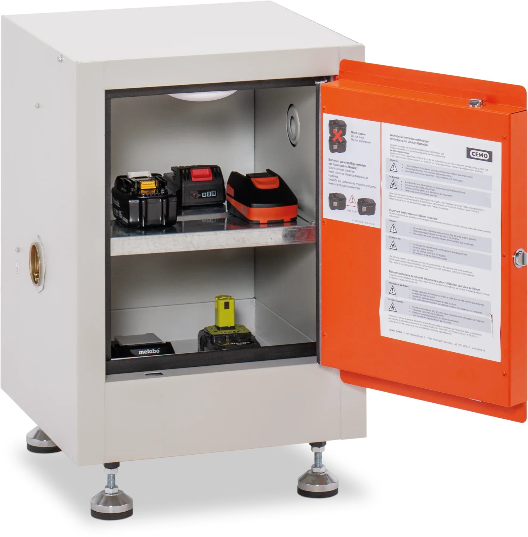 CEMO Akku-Lagerschrank für Lithium-Akkus – kompakter Sicherheitsschrank, 43 × 43 × 56 cm, abschließbar