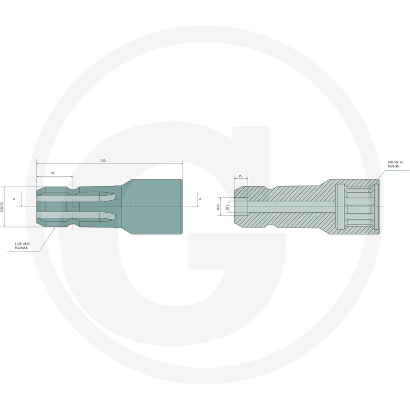 Zahnwellenadapter, Keilwellenprofil, Metallkupplung, Technische Zeichnung