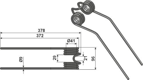 Dents de retourneur de foin Ø9x378mm - compatibles avec Pöttinger ZK436-446 / Deutz-Fahr KH4S, KH20, KH40, KH60, KH300DN, KH400, KH500DN, KH600DN