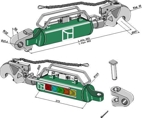 654-3-104 KAT III Hydraulischer Oberlenker mit Fanghaken und Gelenkkopf
