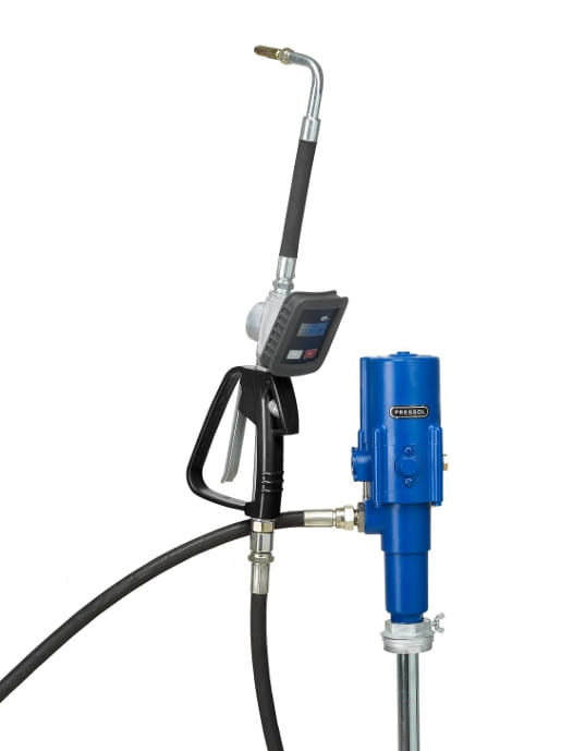 Pressol Ölsystem 3:1 für 200/220-Liter-Fässer mit Digitalzähler, Auslaufschlauch und Pneumatik-Ölpumpe