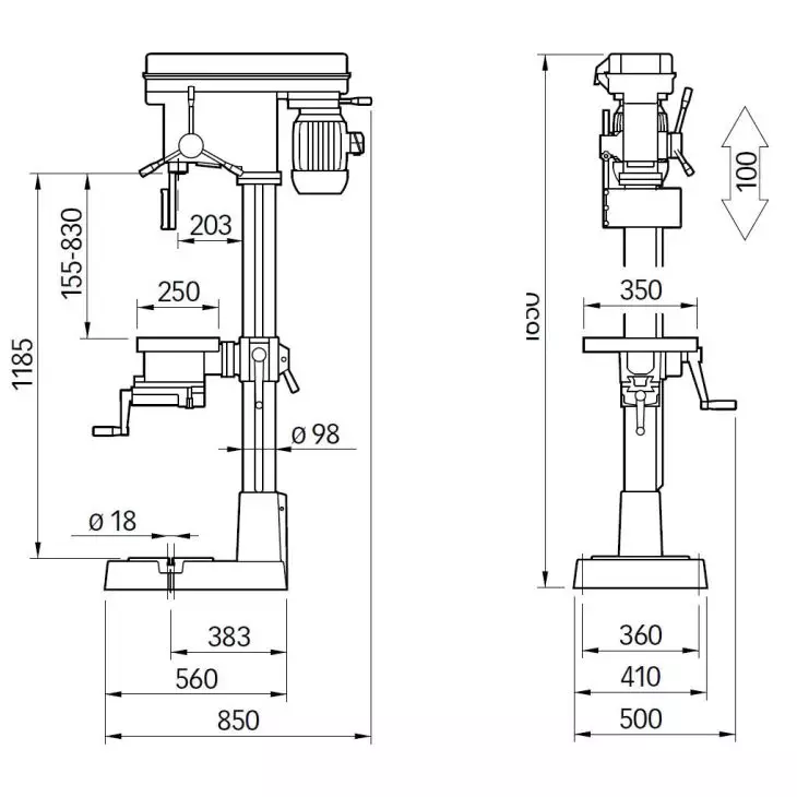 Elmag Highspeed Pillar Drill 25 mm – Electronic speed control, variable drive, vise table