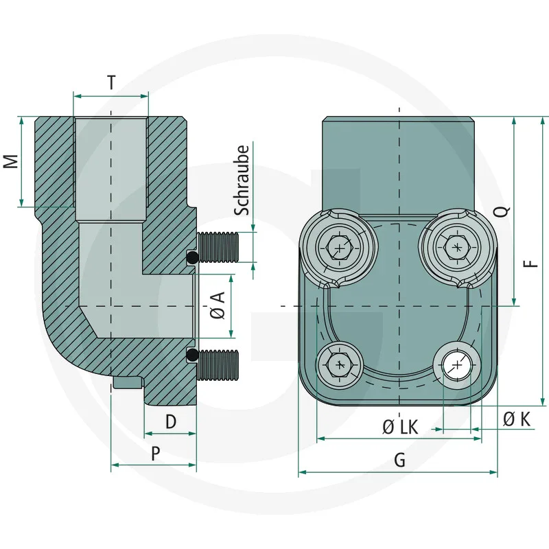 Angled pump flange - connection 1/2" BSP / 2x M6 x 20, 2x M6 x 35