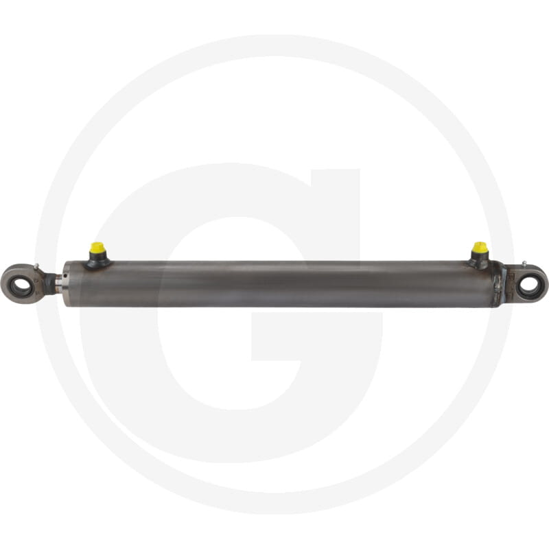 Hydraulikzylinder, Stahlgehäuse, Augenbefestigung, Anschlussöffnungen, gelbe Schutzkappen