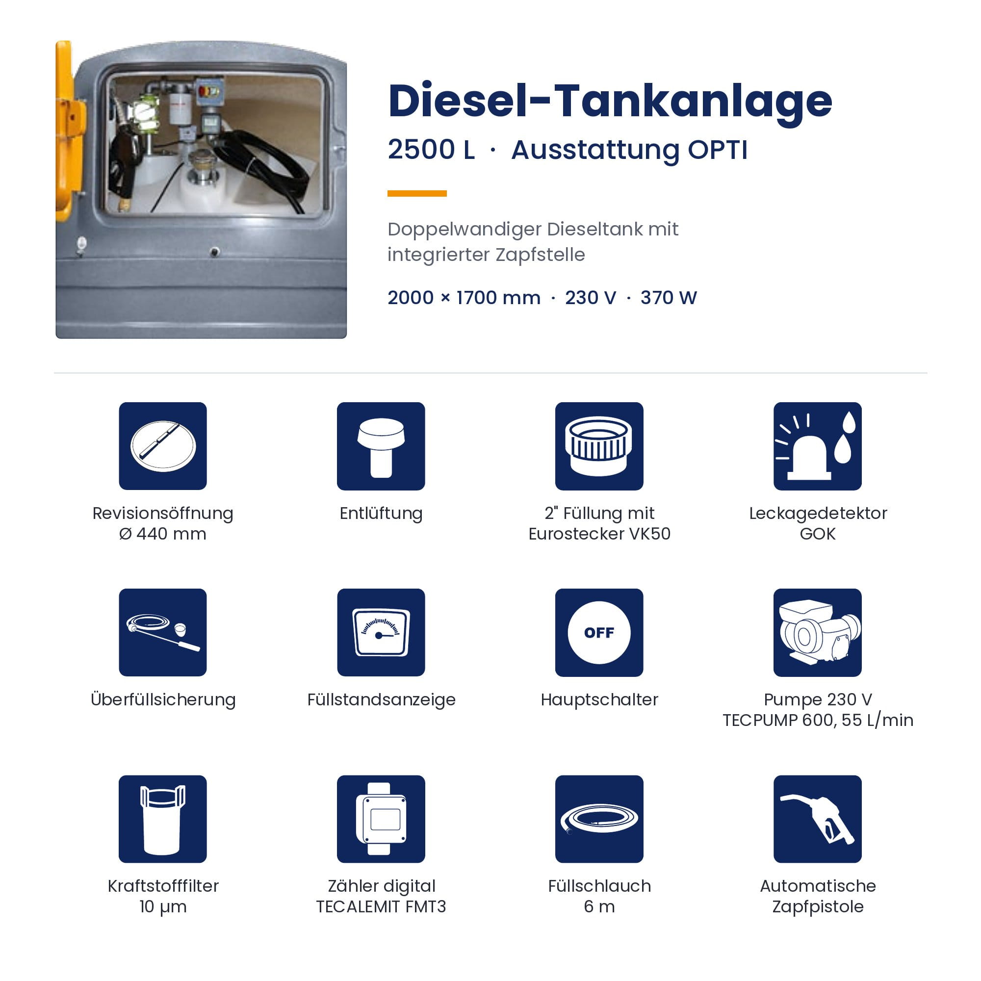 Diesel-Tankanlage, 2500 L, Ausführung OPTI, Doppeltwandiger Tank, Zapfstelle