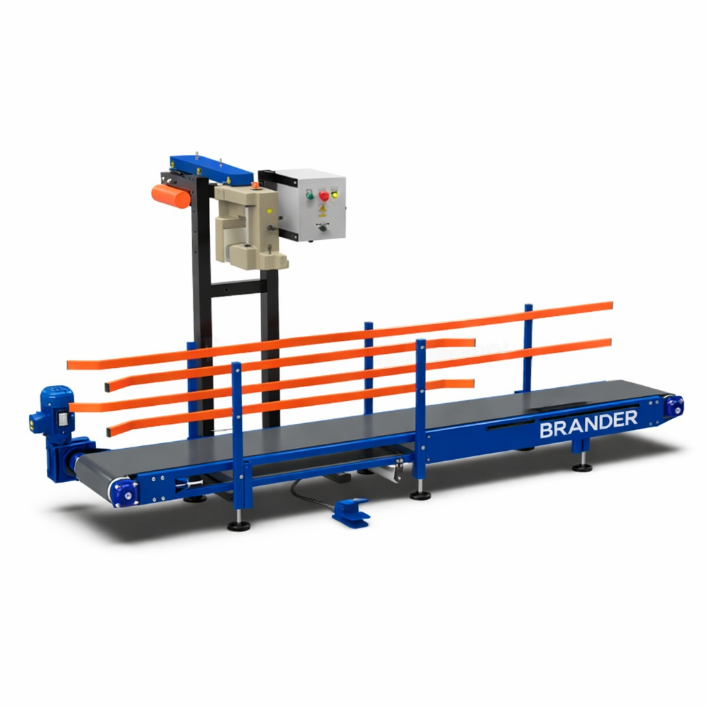 Industrial bag sewing machine with conveyor belt – height adjustable & up to 500 bags/hour