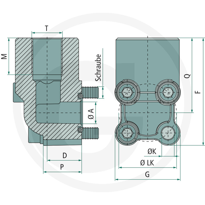 Winkel Pumpenflansch Aluminium - Anschluss 3/8" BSP /  2x M6 x 30, 2x M6 x 40