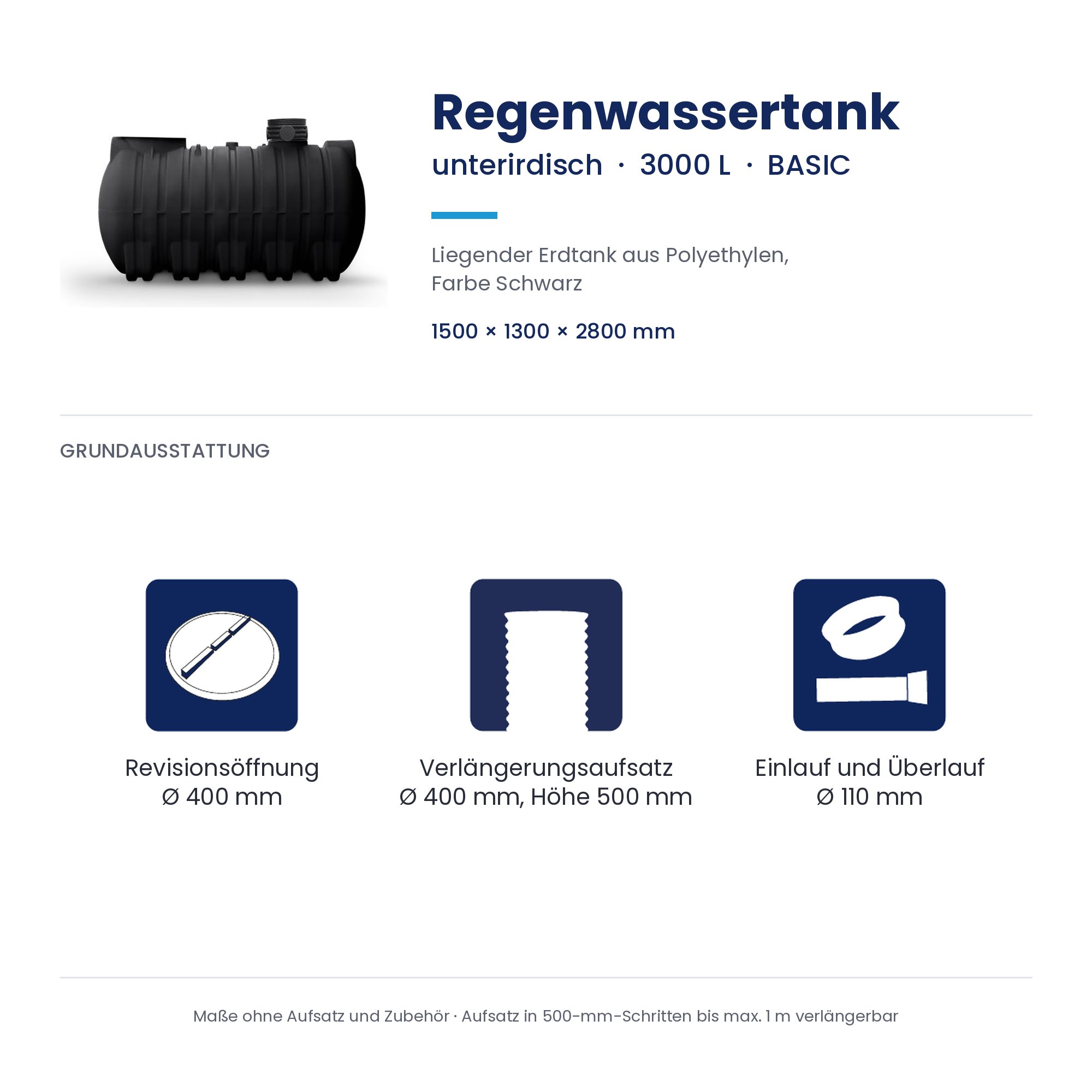 Regenwassertank, Erdtank, Polyethylen, Schwarz, 3000 L