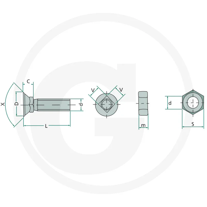 25x Plough screw with nut M12x70 DIN 608