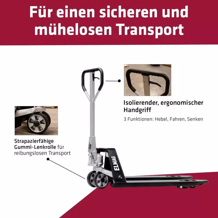 ELMAG Handhubwagen kurz 2500 kg – Palettenhubwagen 800 mm mit Tandemrollen