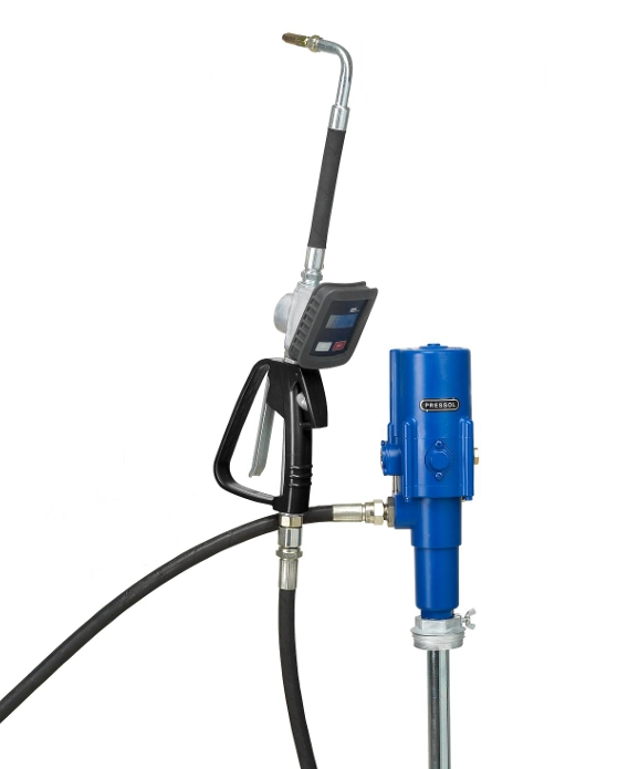 Pressol Tankmontage Ölsystem mit Digitalzähler, Auslaufschlauch und Pneumatik-Ölpumpe 3:1 für professionelle Ölversorgung