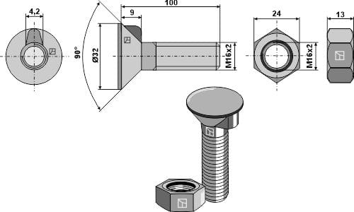 Plough screw DIN604 M16x2x100 with hexagon nut