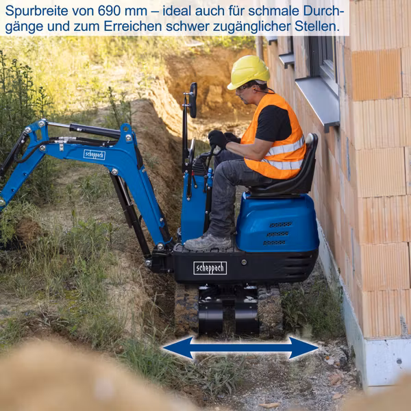 Scheppach MB850 Benzin-Mini-Bagger – 8,5 PS, 1200 mm Grabtiefe, 2330 mm Reichweite, 690 mm Spurbreite, inkl. Dach, 53-cm-Böschungslöffel, Baggerdaumen & Haltekralle