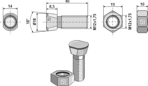BL32636 Scharschraube - 12.9  M12 x 1,75 x 40 mit Sechskantmutter