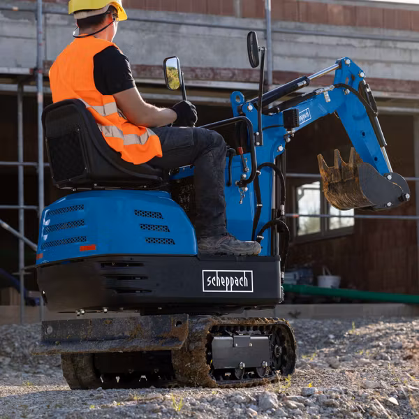 Scheppach MB850 Benzin-Mini-Bagger – 8,5 PS, 1200 mm Grabtiefe, 2330 mm Reichweite, 690 mm Spurbreite, inkl. Dach, 53-cm-Böschungslöffel, Baggerdaumen & Haltekralle