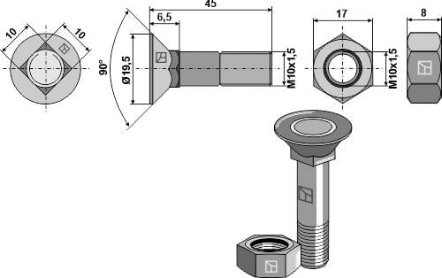 Plough screw - 12.9 M10 x 1.5 x 45 and hexagon nut