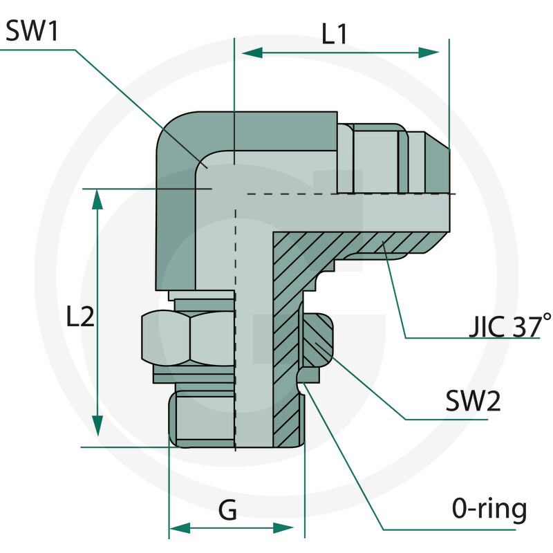 Hydraulikverschraubung, Winkelverschraubung, 90-Grad-Winkel, JIC-37°-Anschluss, O-Ring