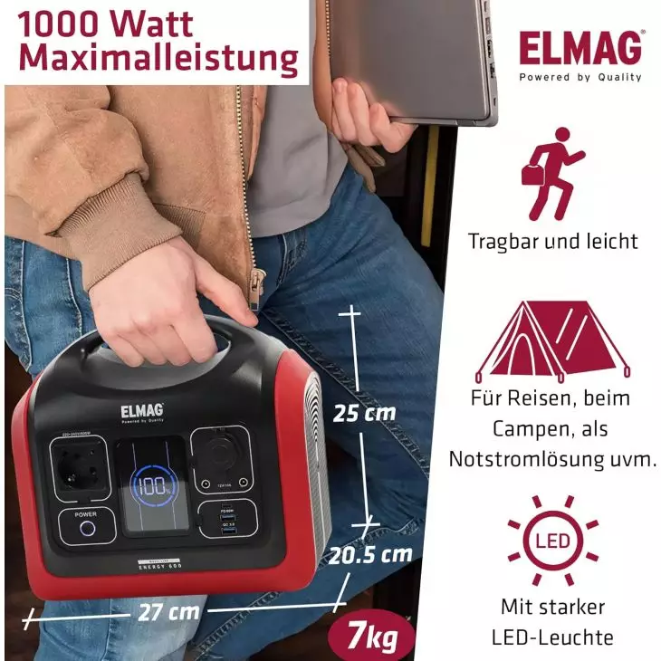 ELMAG Portable Power Station 600W – LiFePO4 Battery 595Wh, Pure Sine Wave, Mobile Power Supply