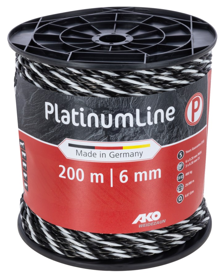 AKO Weidezaunseil PlatinumLine 200 m schwarz/weiß – Elektrozaunseil mit Kupferleitern