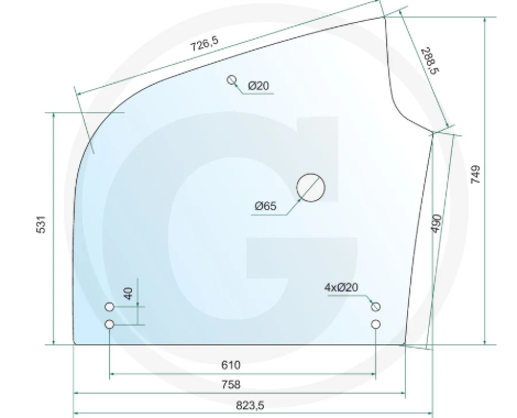 Türscheibe links oben - passend zu Kramer 350 (Typ 348-01), 5025 (Typ 348-52), 5035 (Typ 348-01)